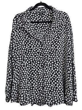 Monki Women's Black & White Floral Rayon Double Collar Button Down Blouse XXL
